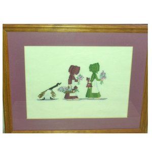 Framed Cross Stitch Handmade Amish Women Diane Graebner Dollies Come Along Art